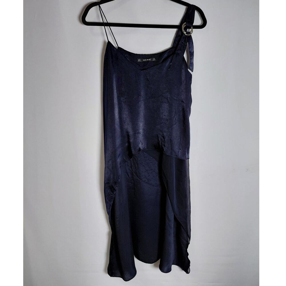 ZARA BASIC Navy Asymmetric Dress Solid Sleeveless Midi Women Size M
